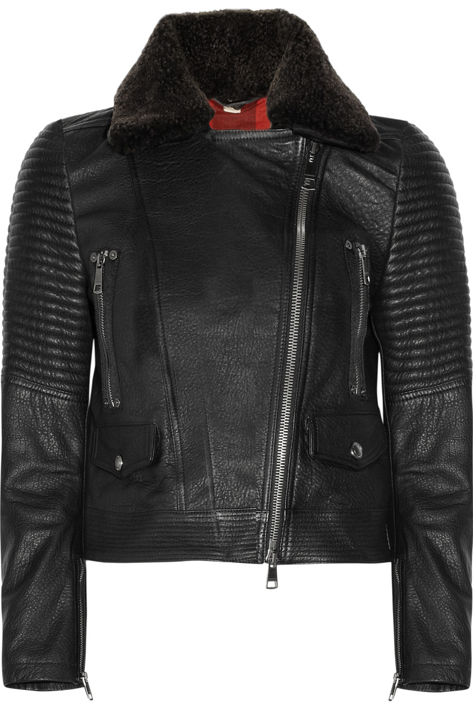 Burberry Brit Black Shearling Trimmed Leather Biker Jacket