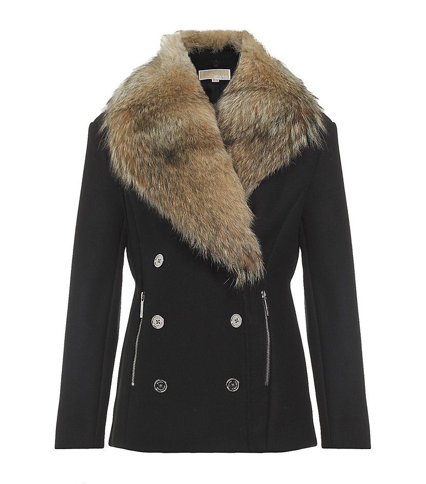 Michael michael kors Double Breasted Pea Coat With Fur Collar in Black | Lyst
