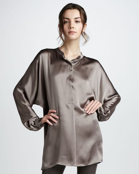 Vince Silk Satin Top in Silver (stone) | Lyst