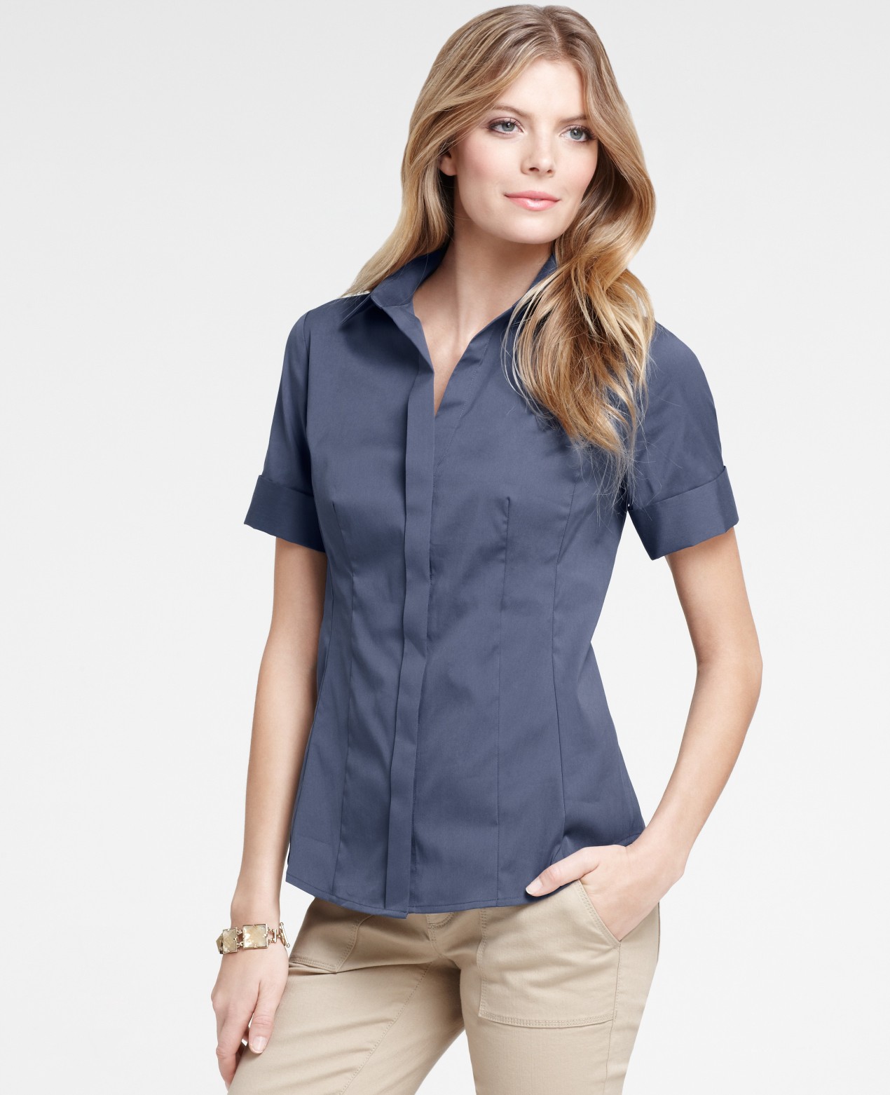 Ann taylor Petite Stretch Cotton Short Sleeve Button Down ...