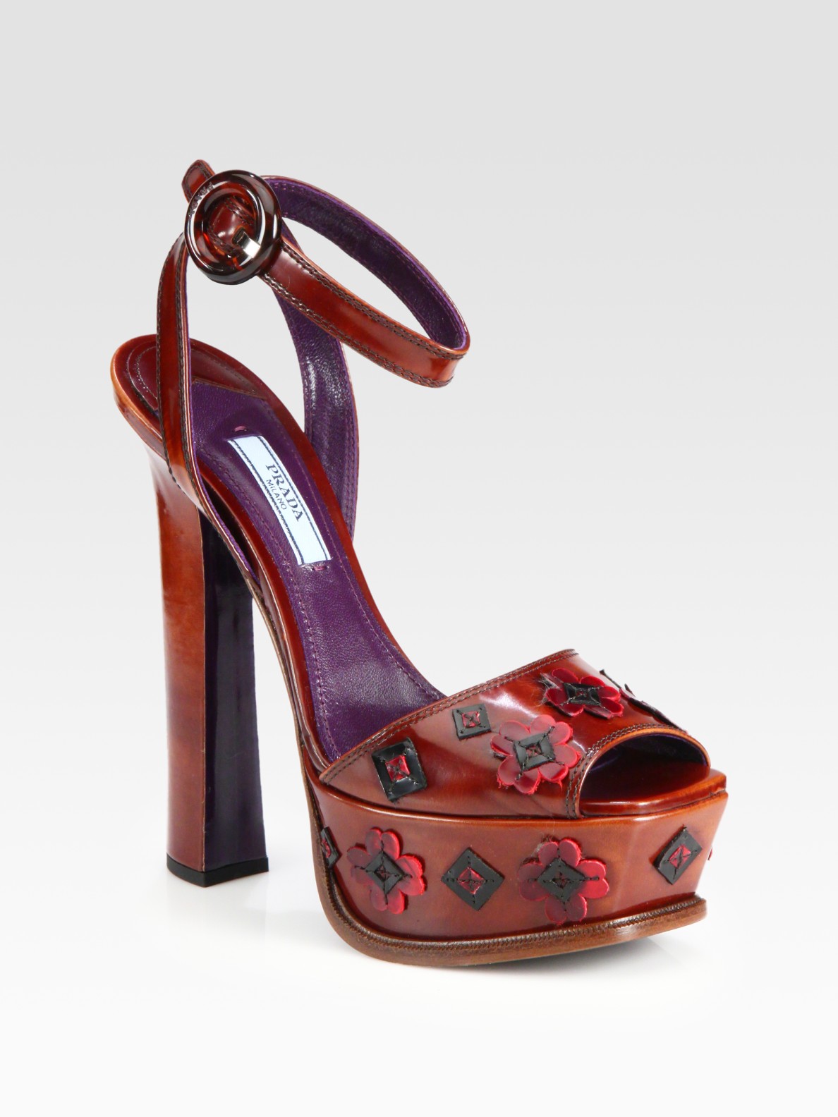 Prada Leather Flower Ankle Strap Platform Sandals in Brown | Lyst