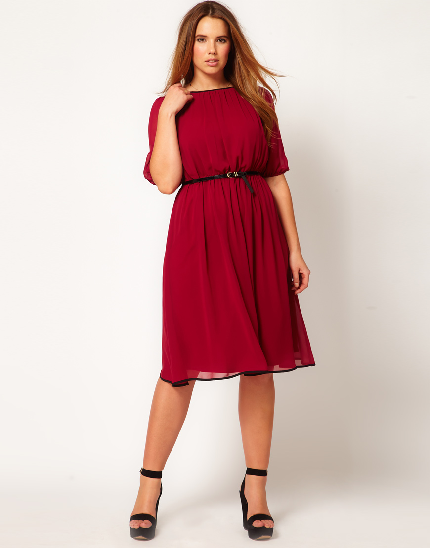 Asos Midi Dress with Contrast Piping in Red | Lyst