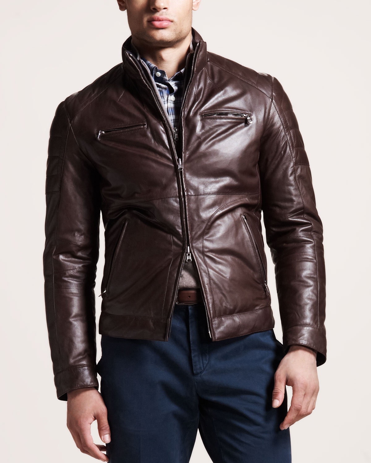 Brunello Cucinelli Reversible Leather Motorcycle Jacket In Brown Gallery