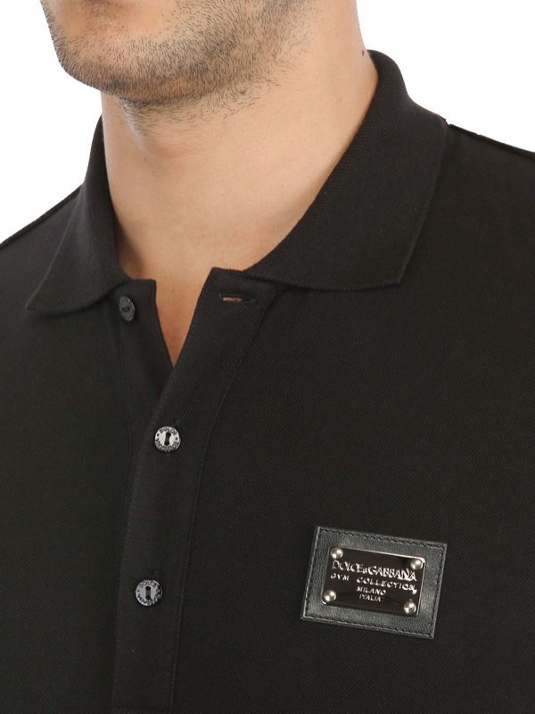 Dolce & Gabbana Logo Plaque Pique Cotton Polo Shirt in Black for Men | Lyst