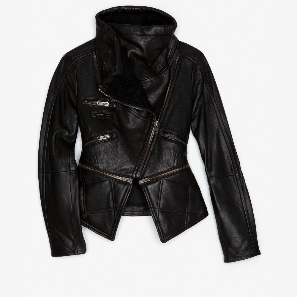 Lyst Yigal Azrouël Leather Jacket With Cable Knit Sweater Collar Gallery
