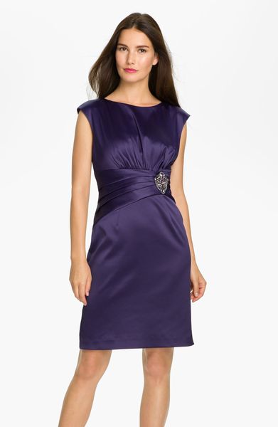 Eliza J Pleated Waist Satin Sheath Dress in Purple | Lyst