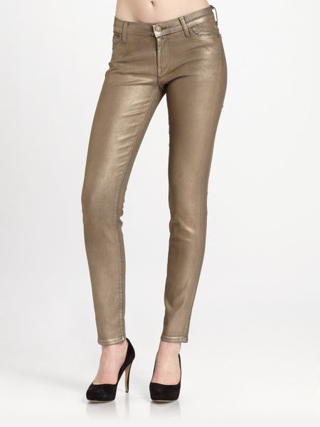 7 For All Mankind Metallic Skinny Jeans in Gold | Lyst