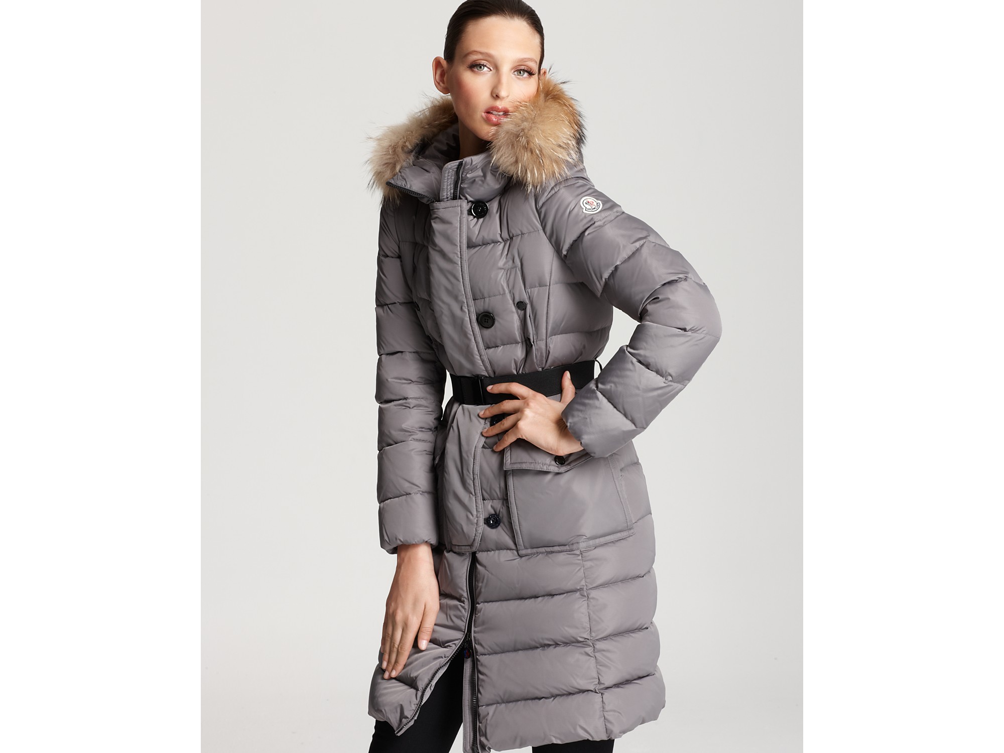Moncler Genevrier Cinched Long Down Coat with Fur in Grey (Gray) - Lyst