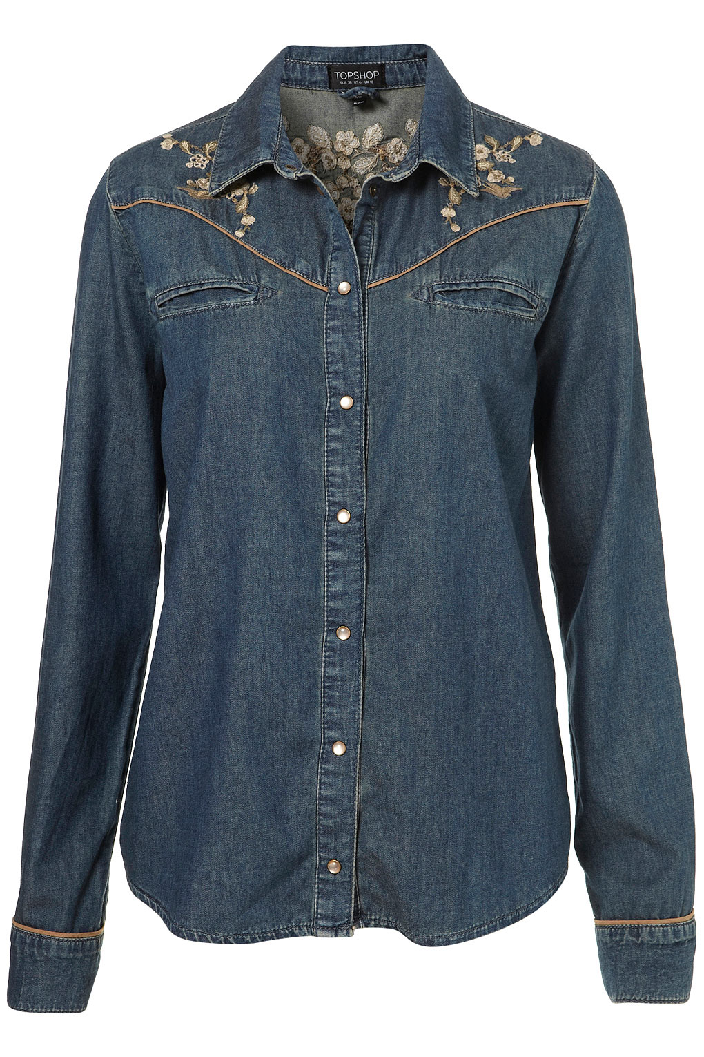 TOPSHOP Moto Floral Embroidered Denim Shirt in Mid Stone (Blue) - Lyst
