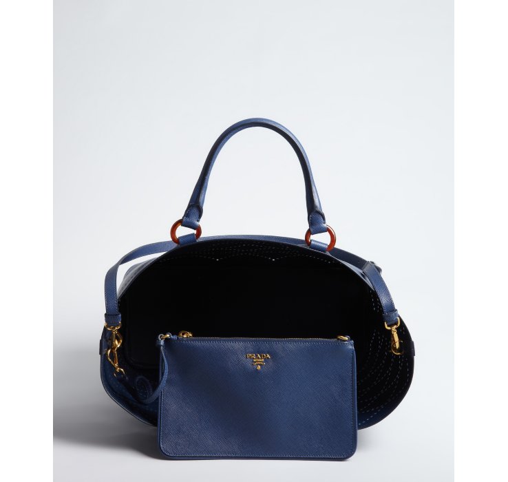 Prada Diamond Cutout Saffiano Leather Pouch Tote in Blue | Lyst