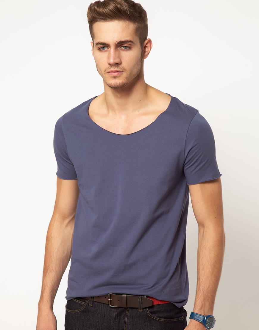 ASOS T-shirt with Raw Edge Scoop Neck in Blue for Men - Lyst