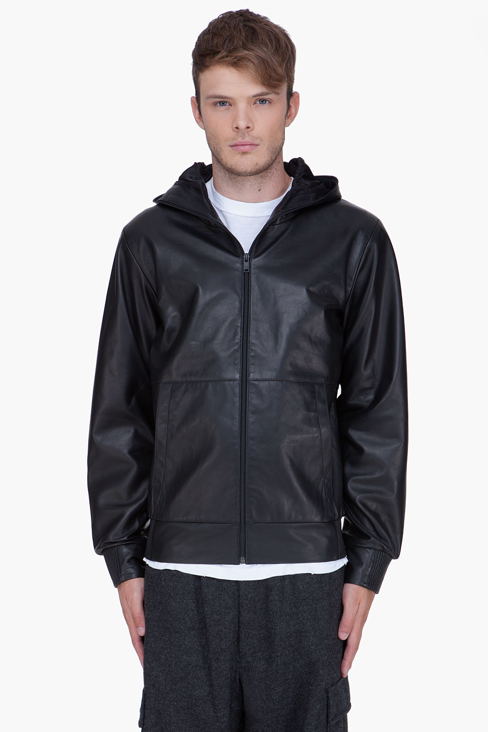 Lyst Y3 Black Leather Hoodie in Black for Men