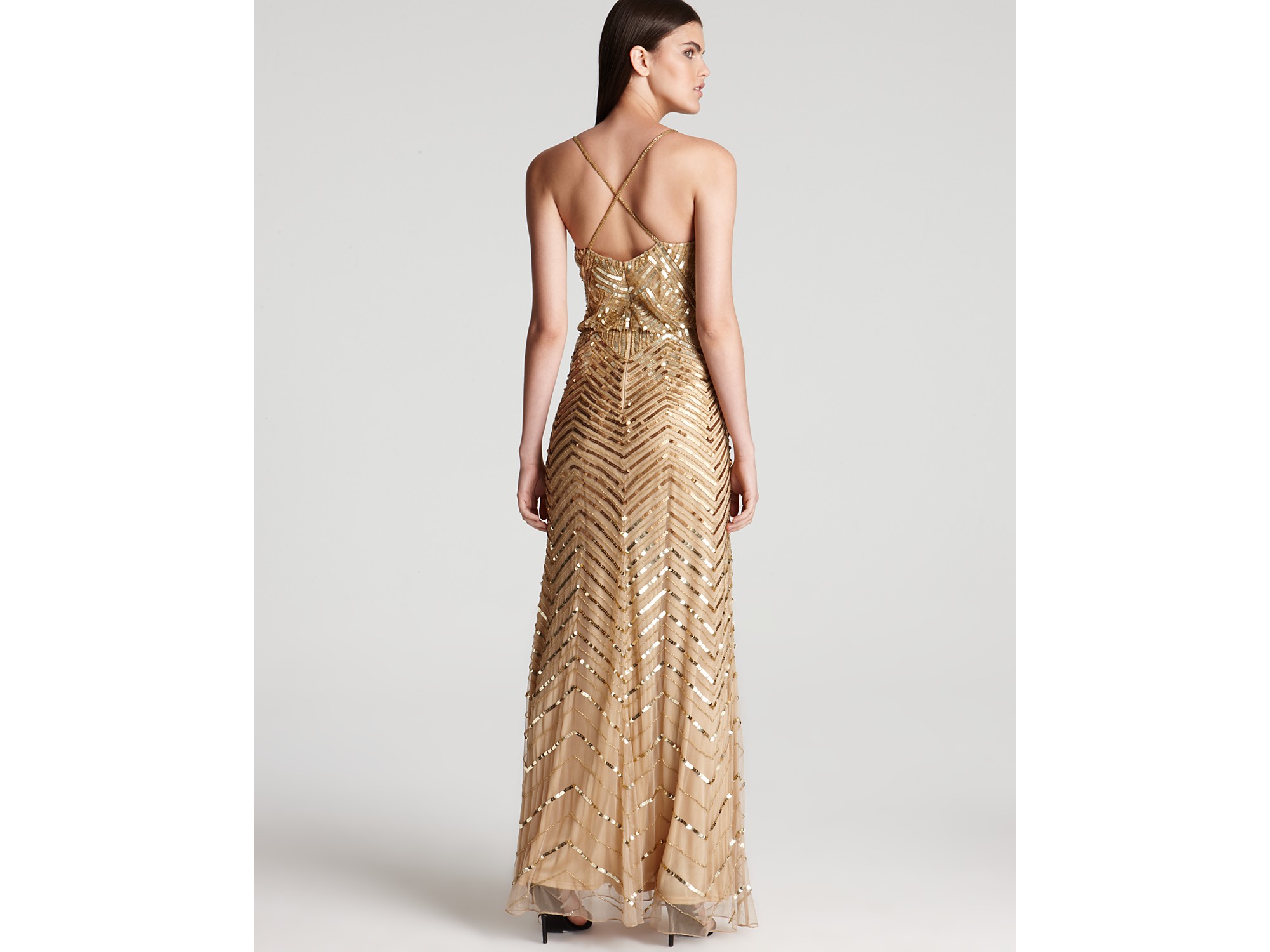 Adrianna Papell Platinum Sleeveless Beaded Gown With V 