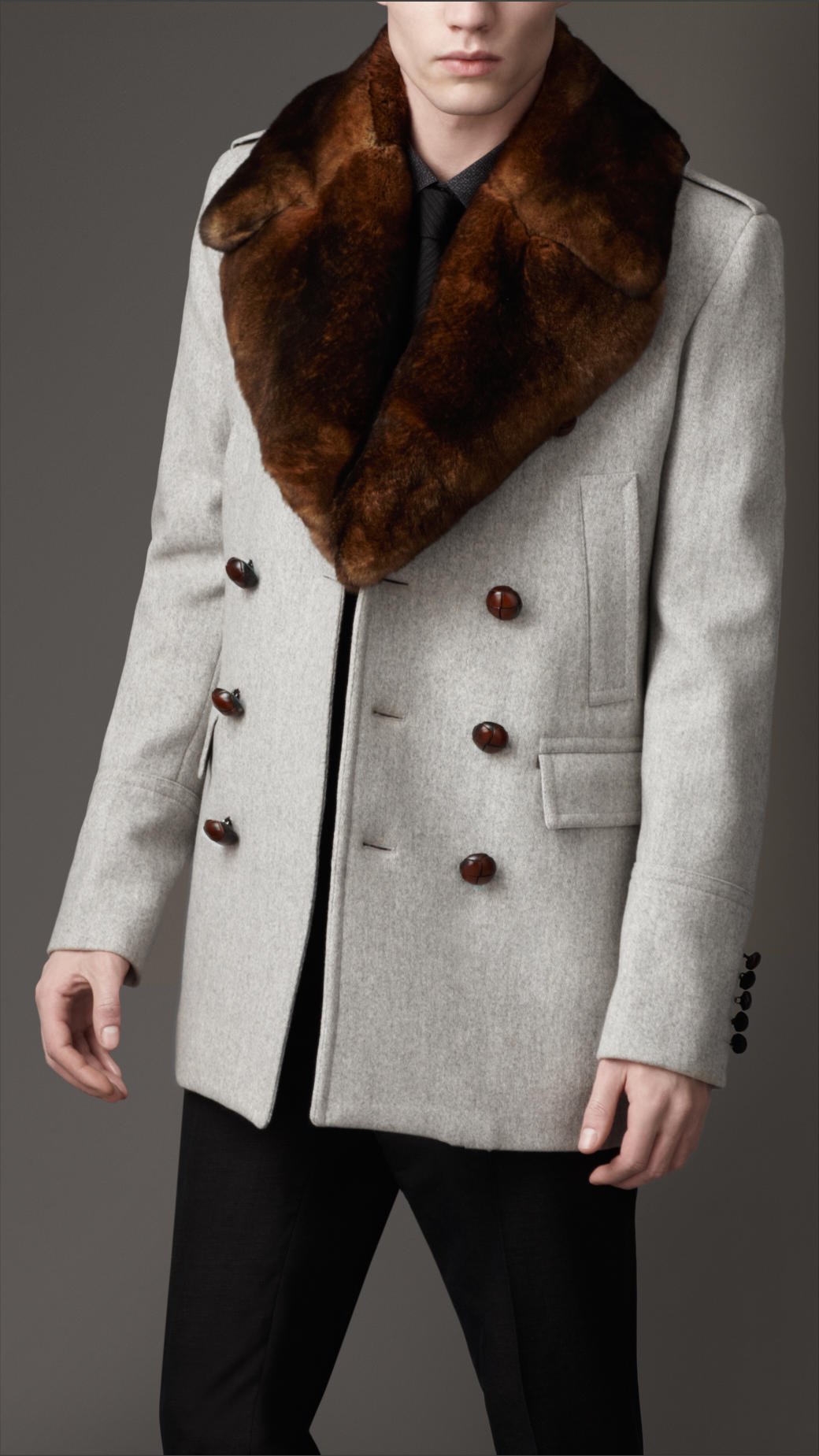 Mens Faux Fur Coats Long Trench Coat Fur Collar Leather