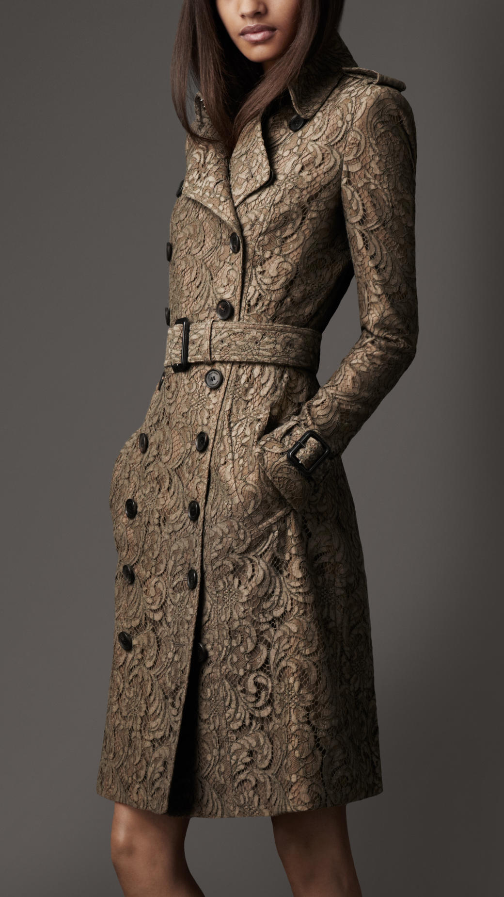 Burberry Long Lace Trench Coat in Brown | Lyst