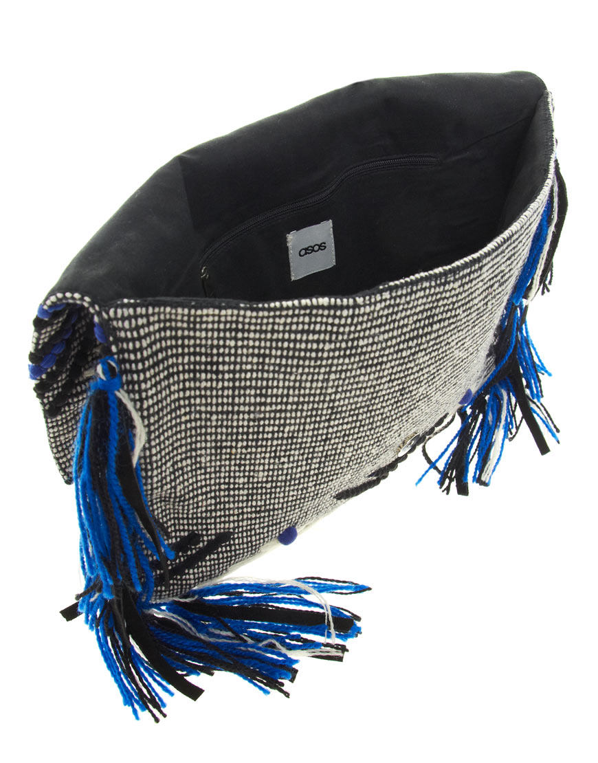 Asos Pom Pom Fringe Clutch Bag in Blue (multi) | Lyst