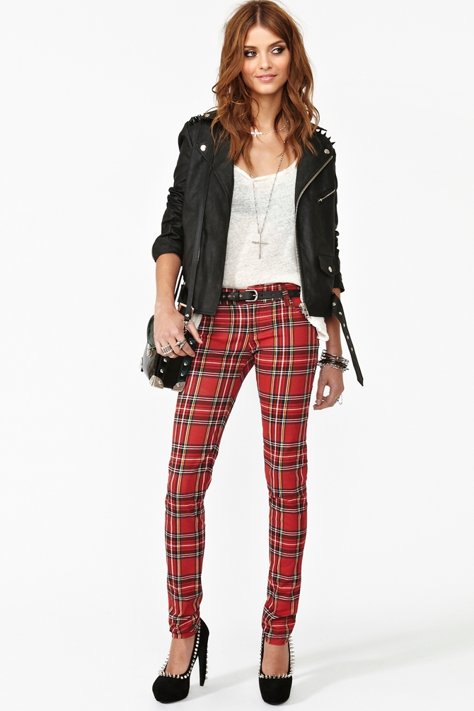 red tartan skinny jeans