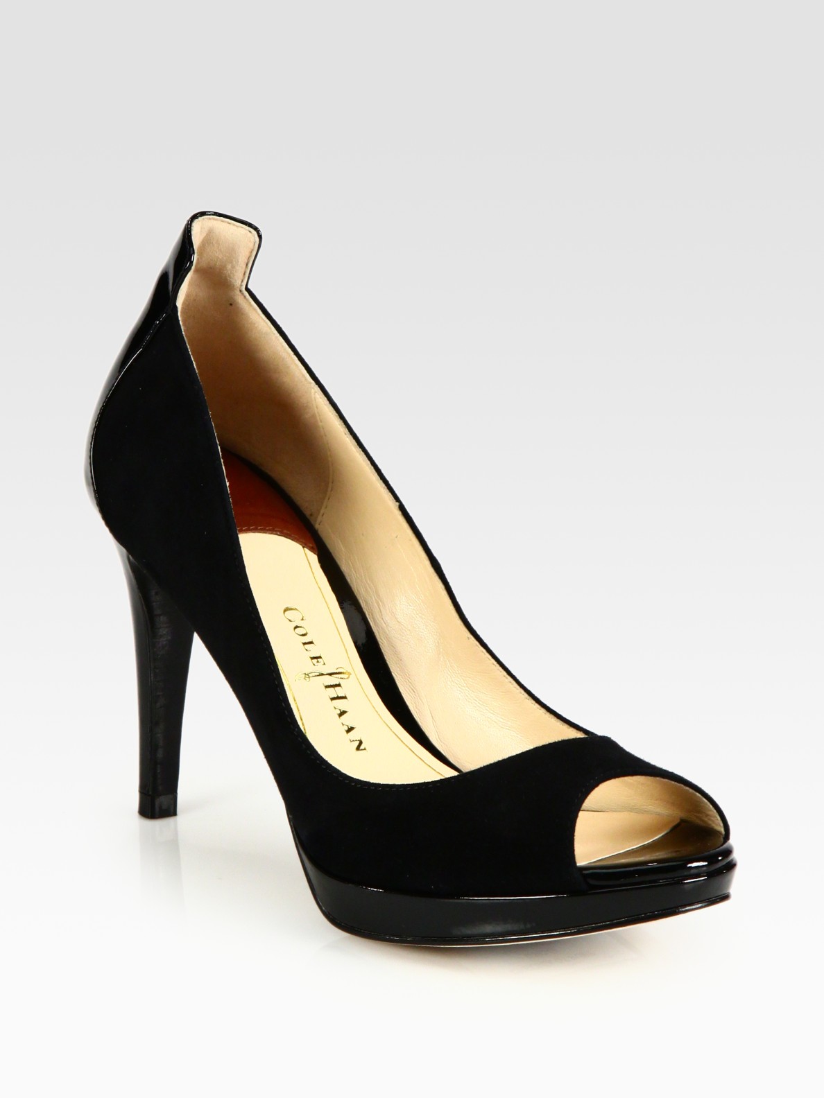 Cole haan Chelsea Suede and Patent Leather Peep Toe Pumps in Black ...
