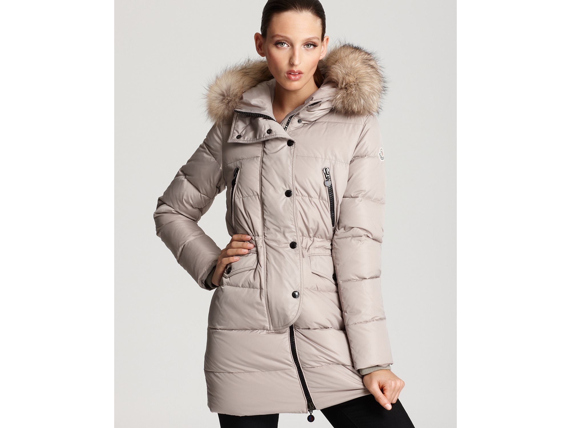 Moncler Fragon Cinched Down Coat with Fur in Black (Gray) - Lyst