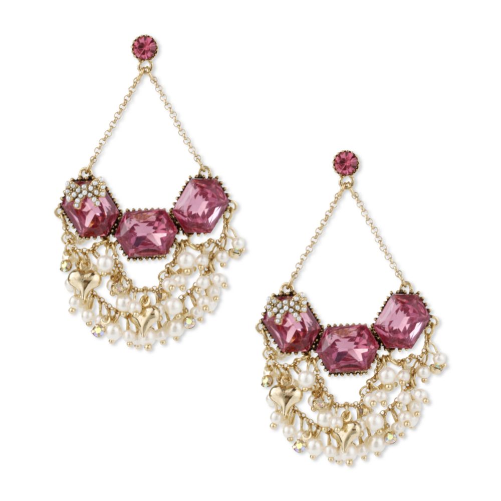 Betsey johnson Gold Tone Fuchsia Crystal Cluster Chandelier Earrings in