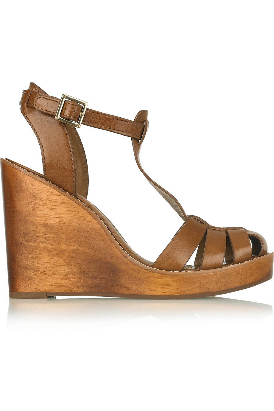 Lyst Tory Burch River Tbar Leather Wedge Sandals In Brown Gallery