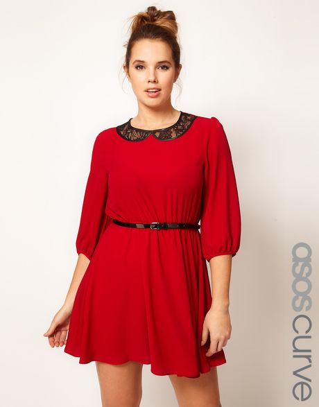 Asos Curve Skater Dress with Lace Peter Pan Collar in Red | Lyst
