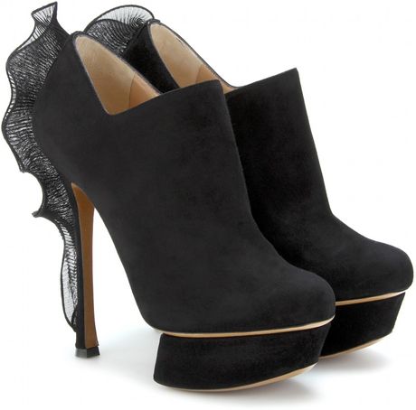 Nicholas Kirkwood Suede Platform Ankle Boots with A Sheer Back Ruffle ...
