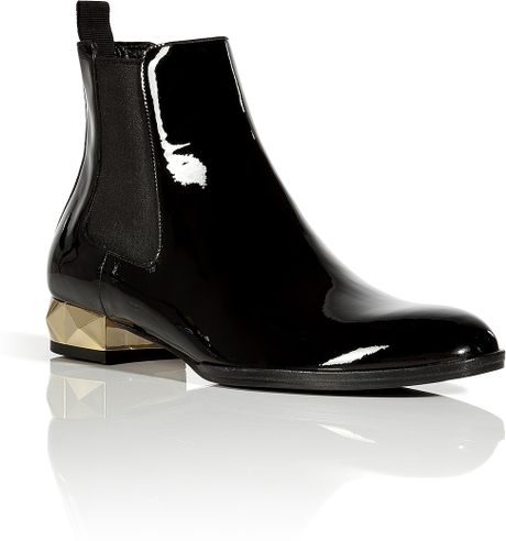 Valentino Black and Gold Patent Leather Flat Ankle Boots in Black | Lyst