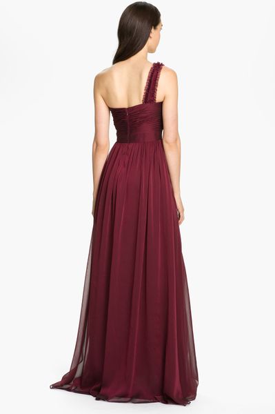 Adrianna Papell Embellished One Shoulder Pleated Chiffon Gown in Red ...