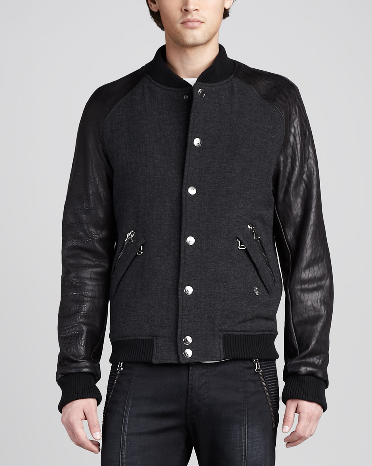 Balmain Leather Sleeve Bomber Jacket in Grey (Gray) for ... (1200 x 1500 Pixel)