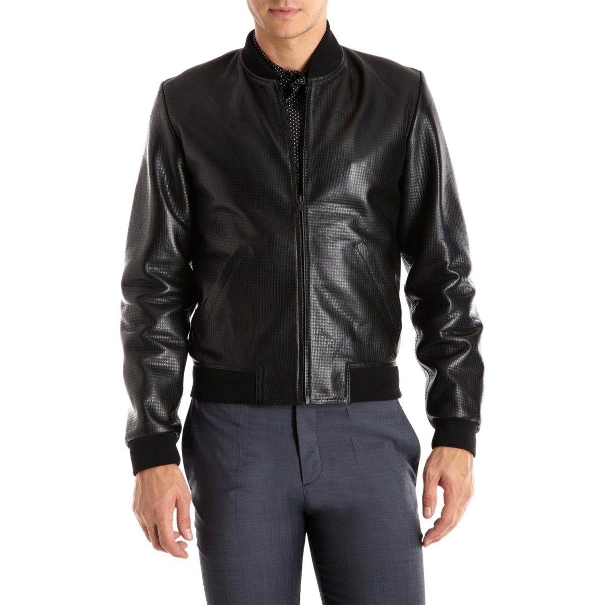 Barneys New York Waffle Leather Baseball Jacket In Black For