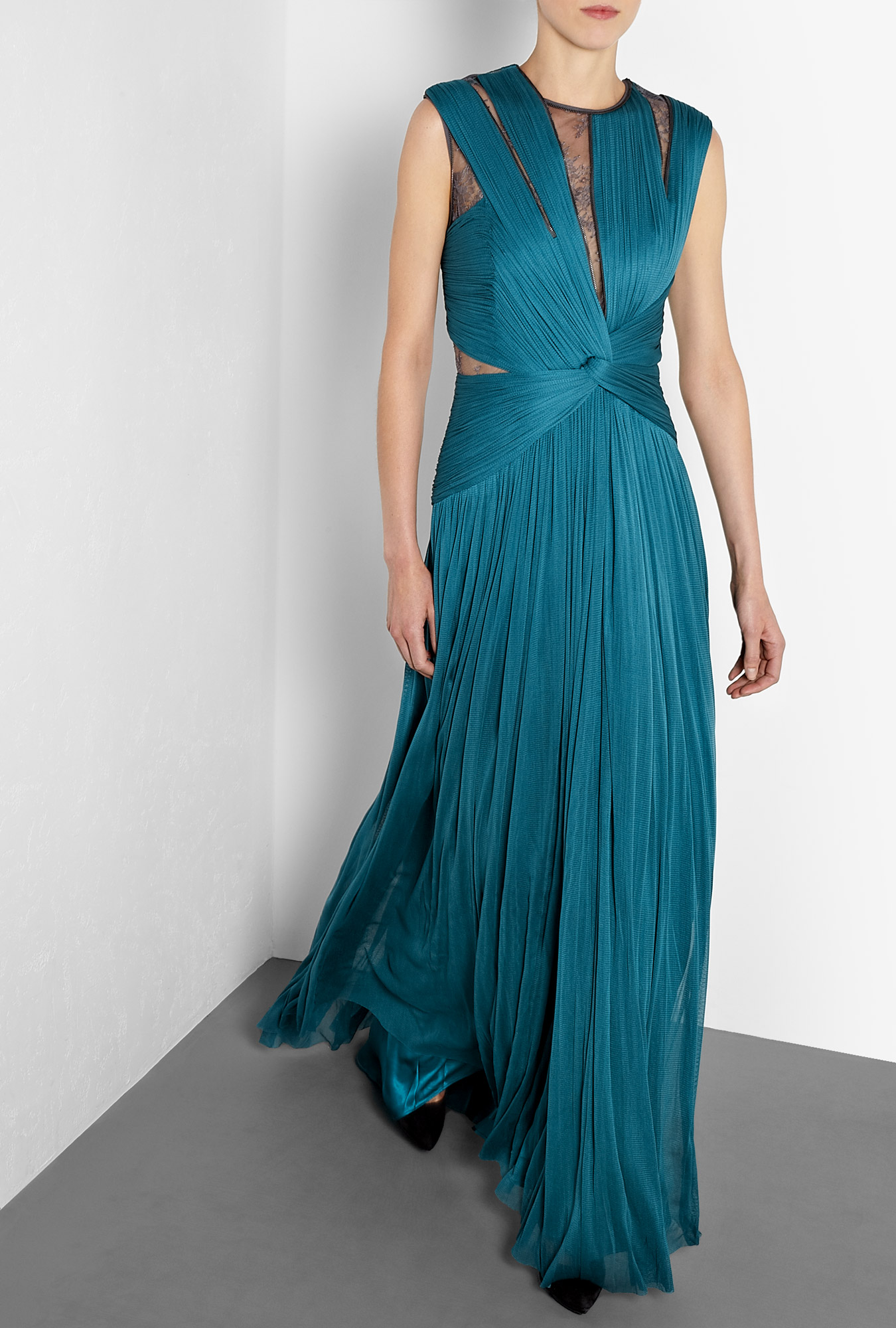 Catherine Deane Blue Mercury Long Pleated Tulle and Lace Gown in Blue ...