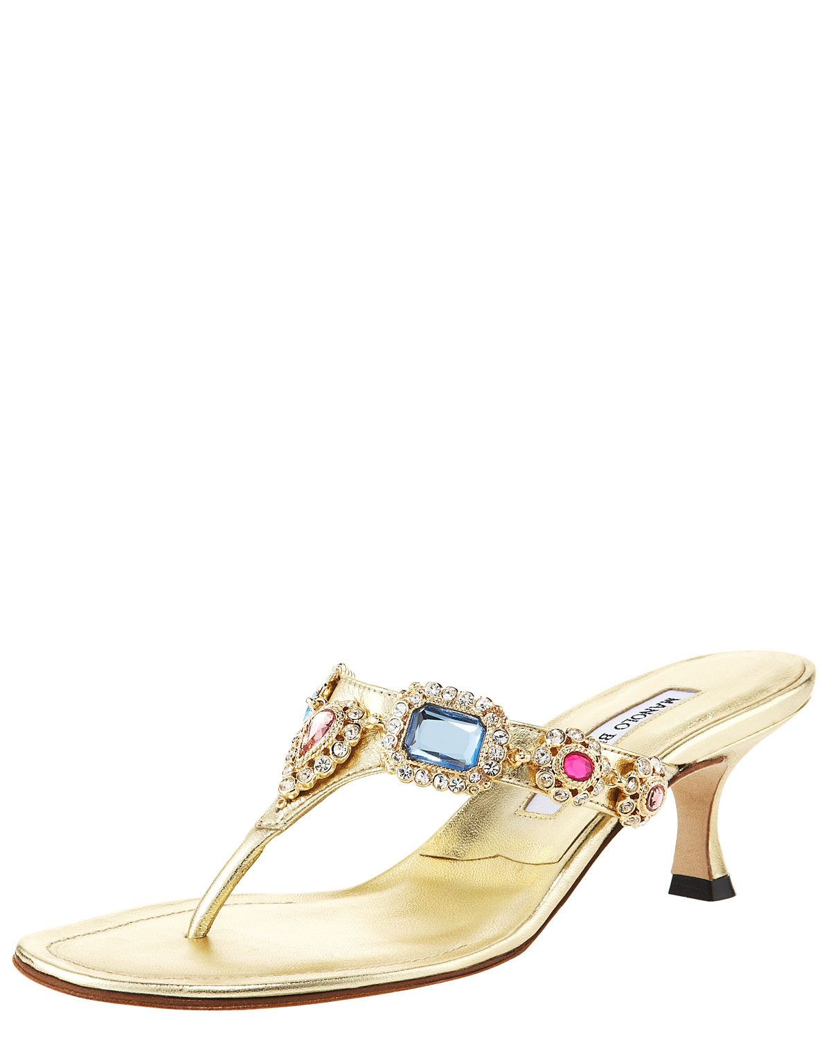 Manolo blahnik Beaded Kitten-heel Thong Sandal in Metallic | Lyst