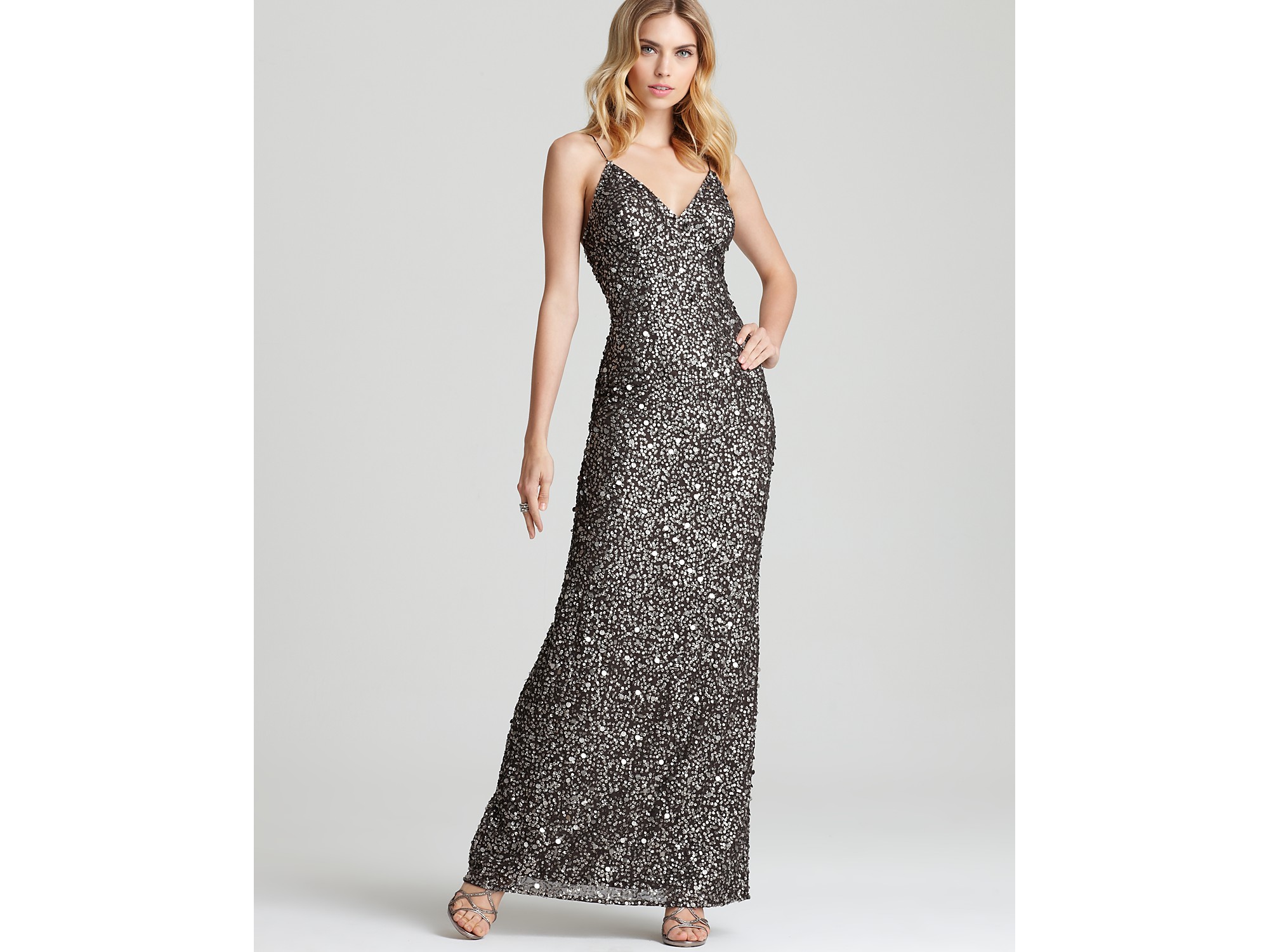 Adrianna Papell Sequin Dress V Neck 