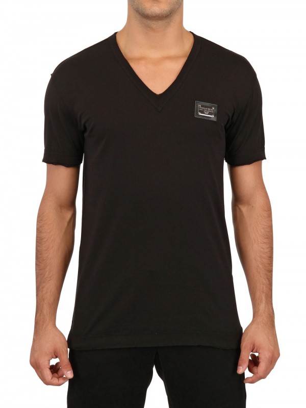 Dolce & Gabbana Vneck Logo Plaque Jersey Tshirt in Black for Men - Lyst
