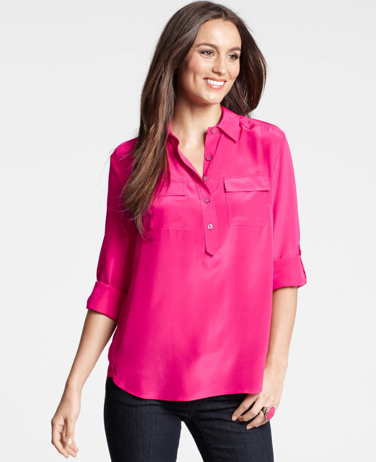 Lyst Ann Taylor Petite Silk Popover Camp Shirt in Pink