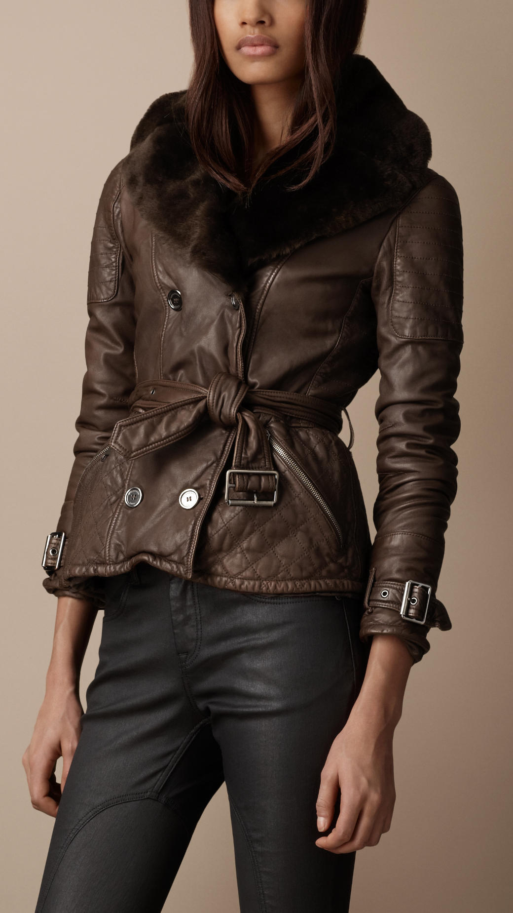 Lyst - Burberry Brit Shearling Collar Quilted Leather Jacket in Brown