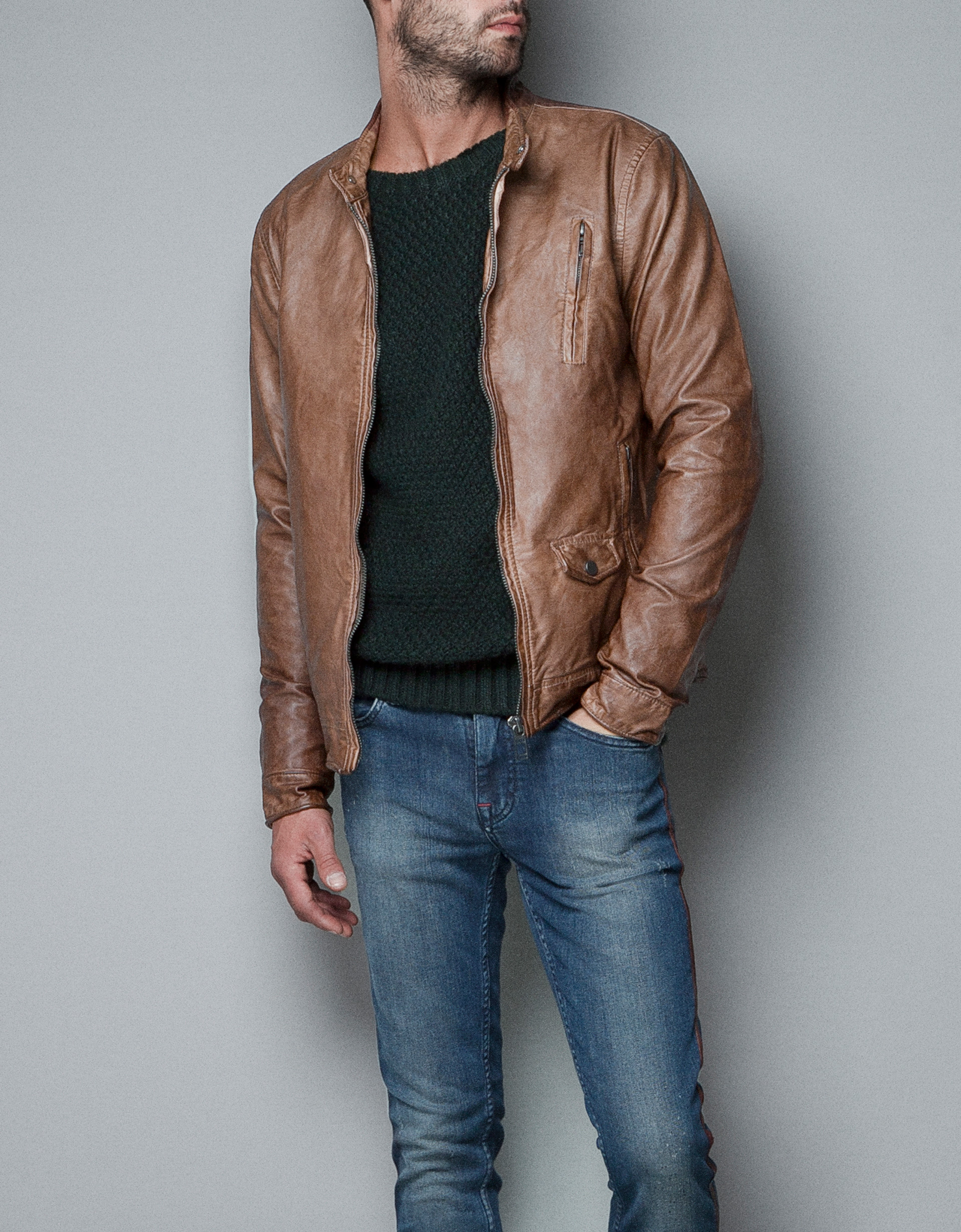 Zara Synthetic Leather Jacket In Brown For Men Lyst Gallery