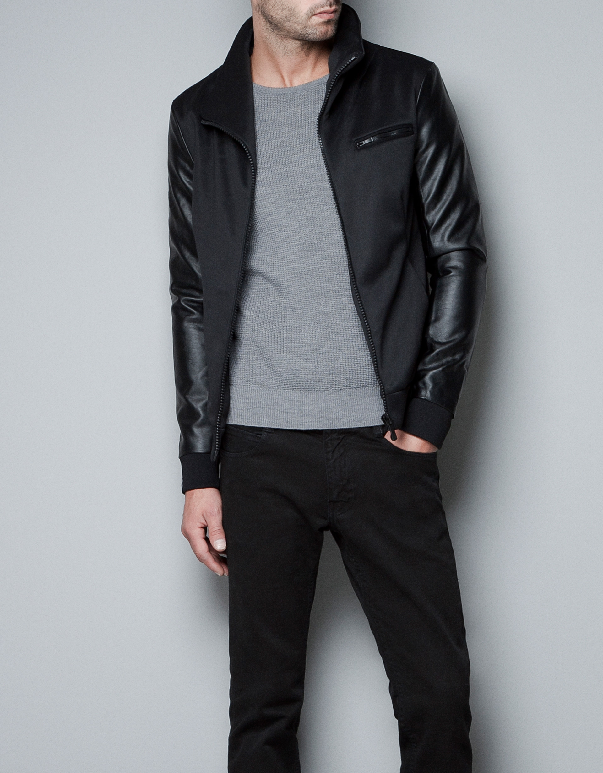 Zara Jacket with Faux Leather Sleeves in Black for Men | Lyst