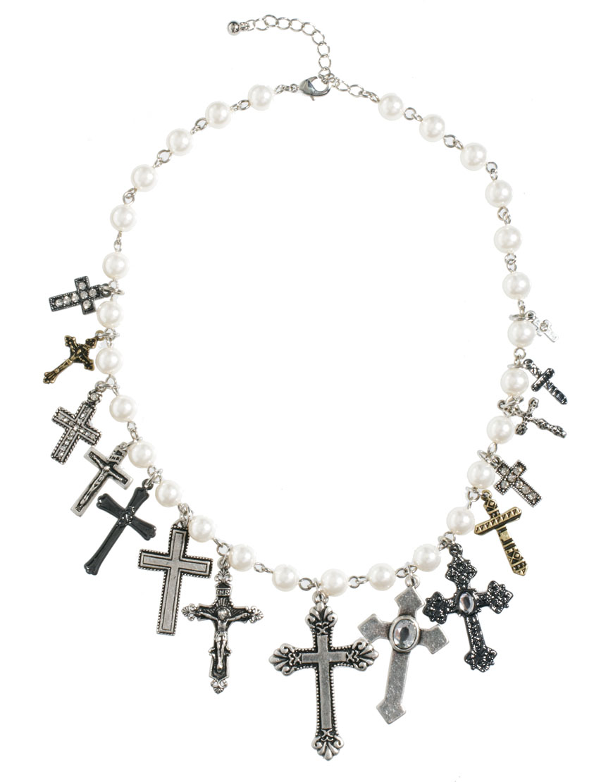 ASOS Cross Charm Pearl Choker Necklace in Metallic Lyst