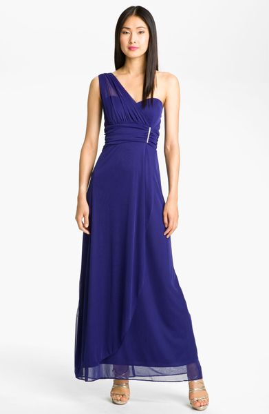 Betsy & Adam One Shoulder Mesh Gown in Blue (royal tiara) | Lyst