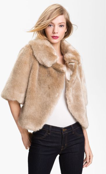 Ted Baker Crop Faux Fur Jacket in Beige | Lyst