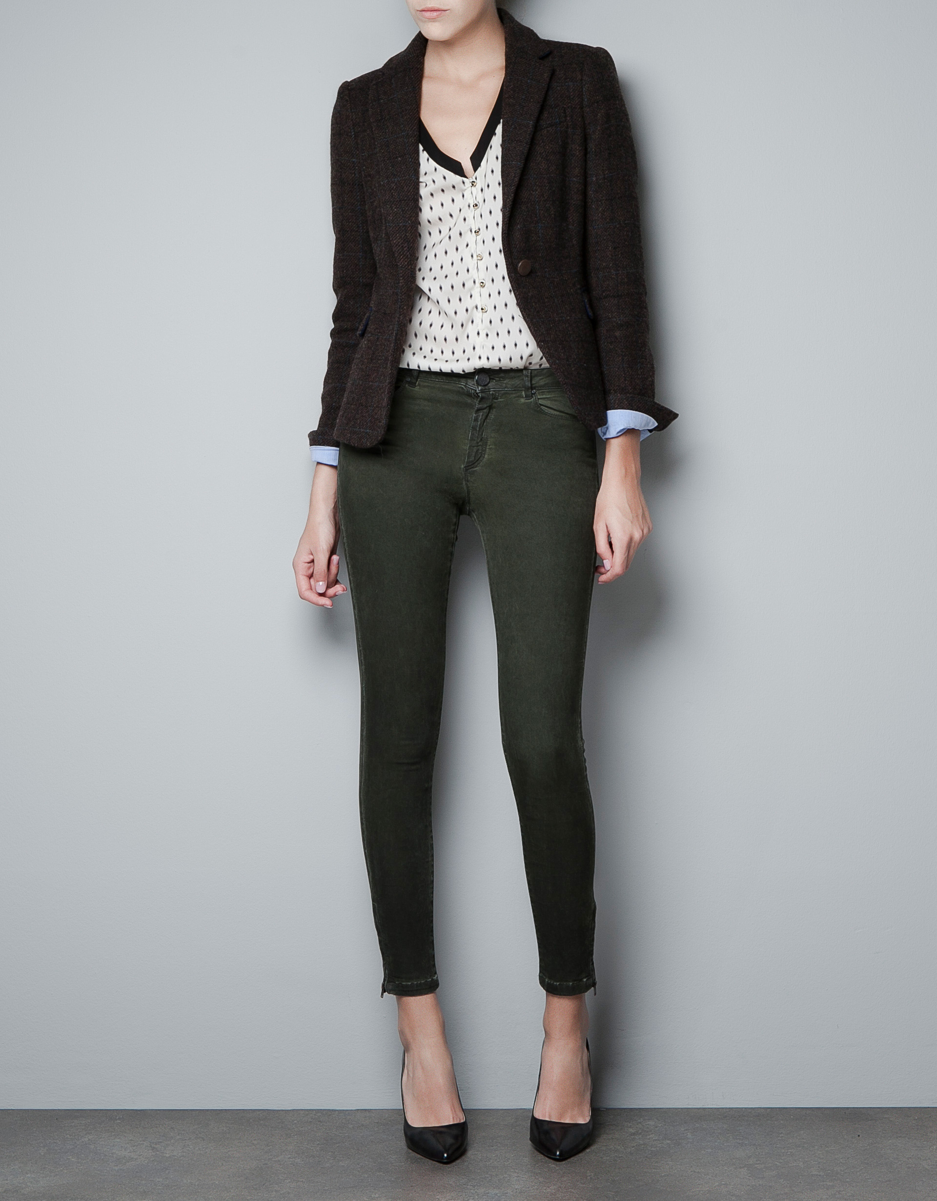 Zara Checked Wool Blazer with Elbow Patches in Brown Lyst