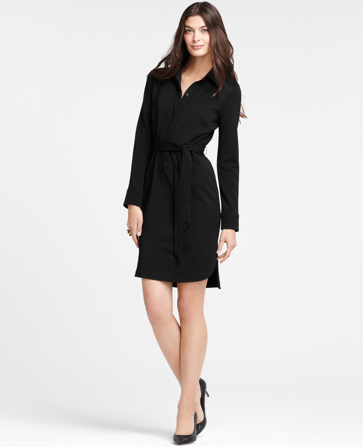 Lyst - Ann Taylor Refined Matte Jersey Belted Long Sleeve Shirt Dress ...