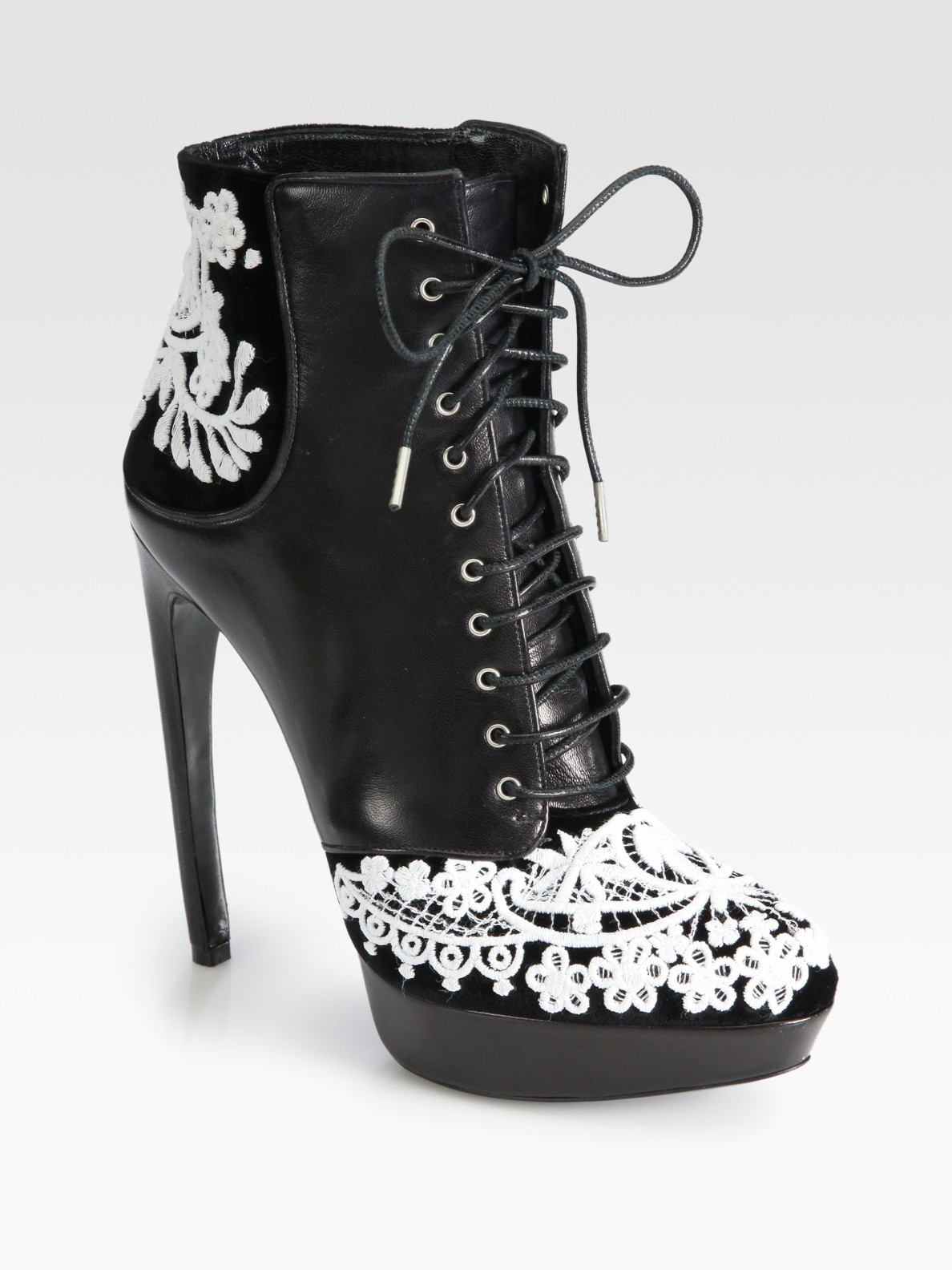 Lyst - Alexander mcqueen Leather Embroidered Velvet Laceup Ankle Boots in Black