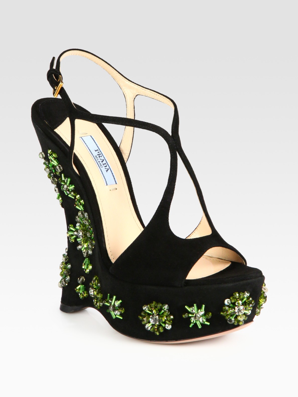 Lyst Prada Jeweled Suede Sandals in Green