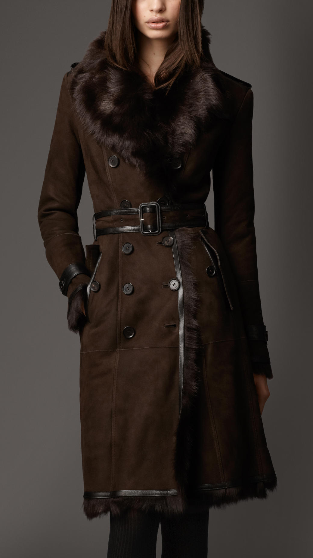 Burberry Long Shearling Trench Coat in Brown | Lyst