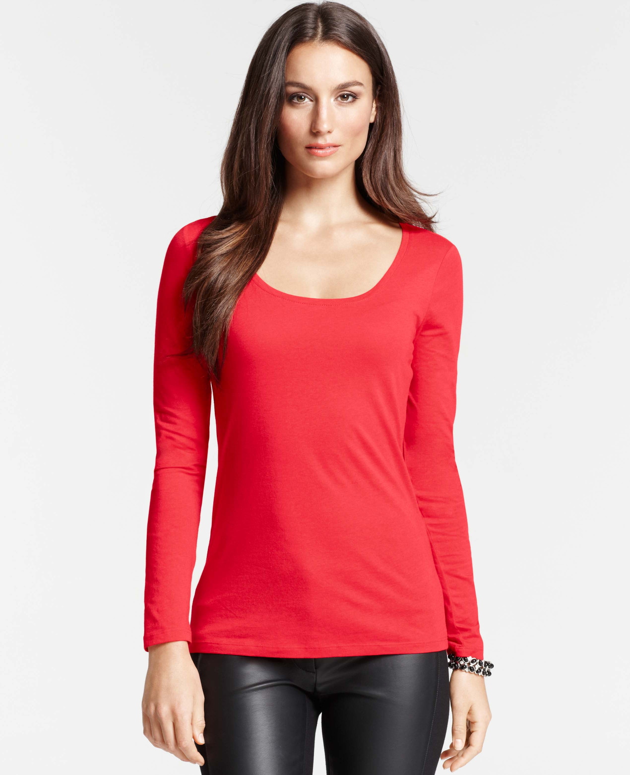 Ann taylor Cotton Modal Scoop Neck Long Sleeve Tee in Red | Lyst
