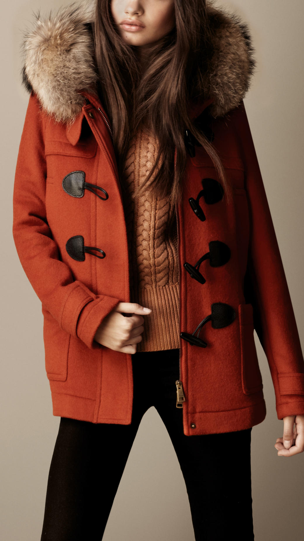 burberry detachable fur trim wool duffle coat