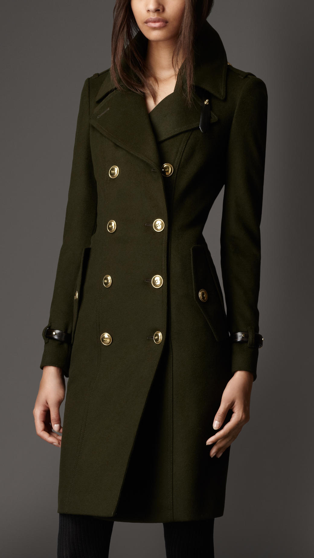 Burberry Leather Detail Wool Trench Coat in Dark Khaki Green (Green) Lyst